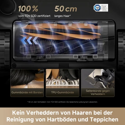 Kein Verheddern von Haaren bei der Reinigung von Hartböden und Teppichen